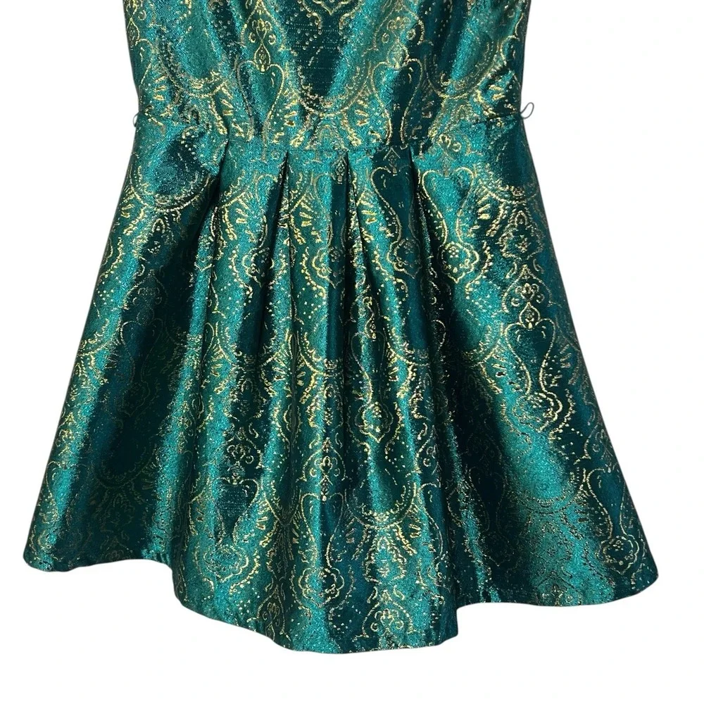 The Children's Place Girls Dress Size 14 Teal Green Gold Brocade‎ Party Holiday